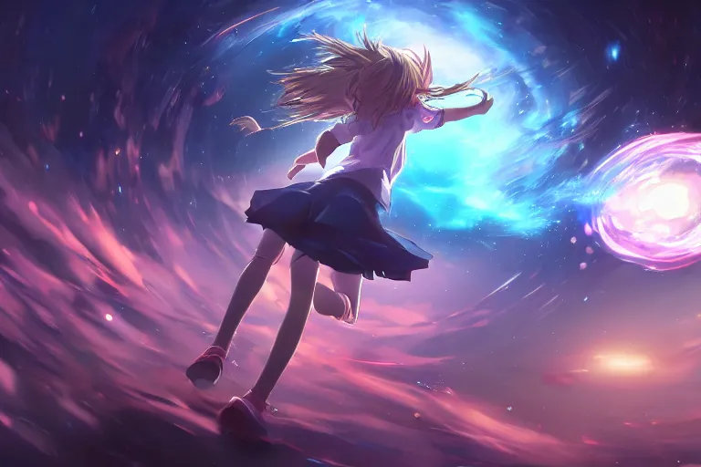 Image similar to anime young girl running towards a cosmic portal, official media, wlop, concept art, digital painting, trending on artstation, highly detailed, epic composition, 8 k uhd