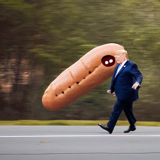 Image similar to Donald Trump being chased by a sentient humanoid sausage, Canon EOS R3, f/1.4, ISO 200, 1/160s, 8K, RAW, unedited, symmetrical balance, in-frame