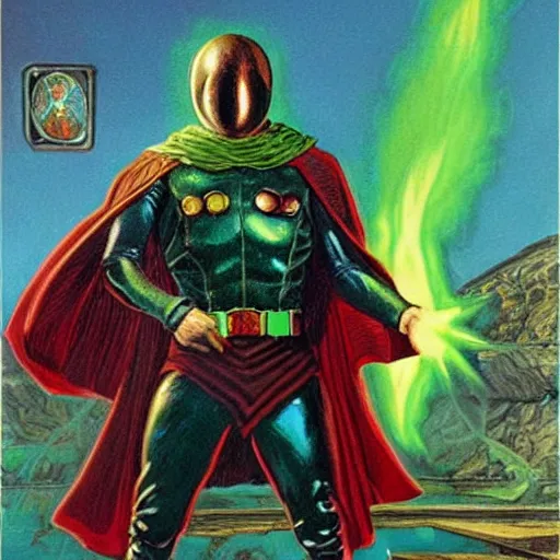 Prompt: Mysterio, artwork by Earl Norem,
