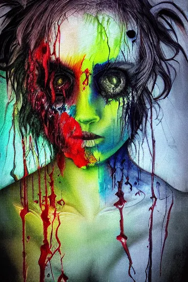 Image similar to deep decaying bleeding colors, dark art painted by a devil