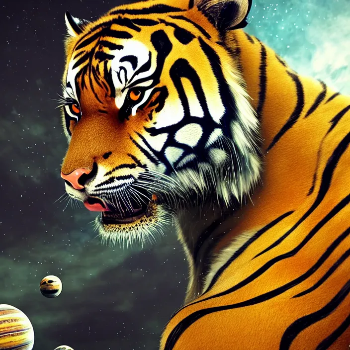 Prompt: very detailed portrait of a majestic tiger, dressed in a spacesuit, sci - fi, futuristic, details, intricate, octane render, redshift, smooth, illustration, fairy lighting, stars and planets in the background, hyperrealistic, by dmitry prozorov, loish, and wlop, trending on artstation, hyperdetailed, hyperrealism