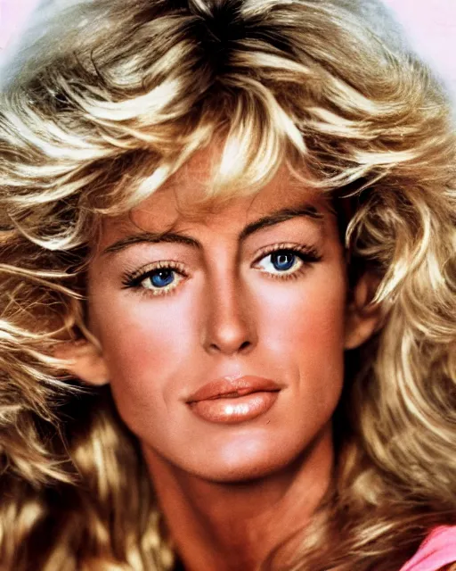 Image similar to closeup portrait of a beautiful young farrah fawcett in a sports illustrated photoshoot, rim lighting, glamour pose, hyper realistic, soft lighting,,, hd, octane, arney freytag!!!