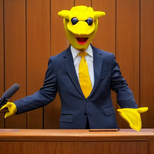 Image similar to professional photograph of an anthropomorphic yellow dinosaur wearing a suit and testifying in court, 8k, highly detailed, highly intricate, cinematic,