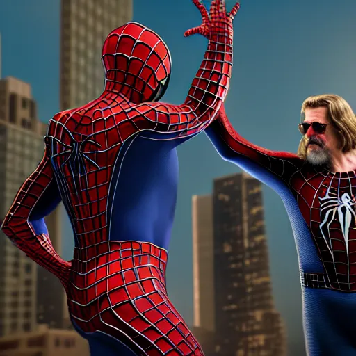 Prompt: the dude big lebowski and spiderman high fiving realistic 4k octane beautifully detailed render, 4k post-processing, highly detailed, intricate complexity, epic composition, magical atmosphere, cinematic lighting, masterpiece, ultra hd