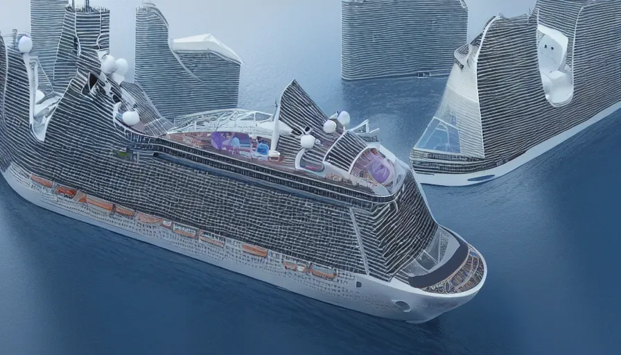 Prompt: cruise ship with glass buildings built on it, hyperdetailed, artstation, cgsociety, 8 k