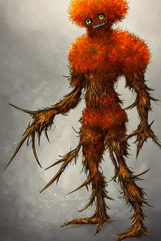 Image similar to a humanoid figure dandelion moss plant monster thistle armour, orange eyes, highly detailed, digital art, sharp focus, trending on art station, anime art style