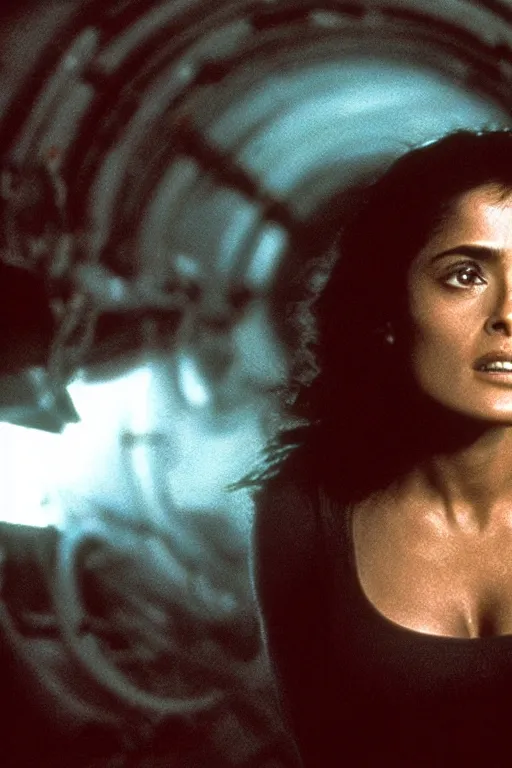 Prompt: film still of salma hayek in the movie Alien, xenomorph mounted on her, cinematic shot, scary, fear emotions, ambient lighting 4k.