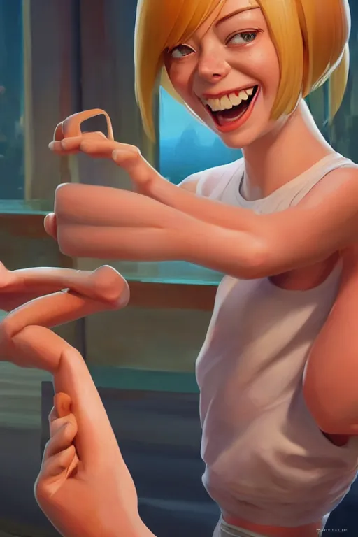 Image similar to emma stone smiling to see many big italian sausages by concept artist gervasio canda, behance hd by jesper ejsing, by rhads, makoto shinkai and lois van baarle, ilya kuvshinov, rossdraws global illumination radiating a glowing aura global illumination ray tracing hdr render in unreal engine 5