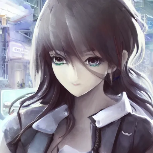 Image similar to dynamic composition, motion, ultra-detailed, incredibly detailed, a lot of details, amazing fine details and brush strokes, colorful and grayish palette, smooth, HD semirealistic anime CG concept art digital painting, watercolor oil painting of Clean and detailed post-cyberpunk sci-fi close-up schoolgirl in asian city in style of cytus and deemo, blue flame, relaxing, calm and mysterious vibes,, by a Chinese artist at ArtStation, by Huang Guangjian, Fenghua Zhong, Ruan Jia, Xin Jin and Wei Chang. Realistic artwork of a Chinese videogame, gradients, gentle an harmonic grayish colors. set in half-life 2, Matrix, GITS, Blade Runner, Neotokyo Source, Syndicate(2012), dynamic composition, beautiful with eerie vibes, very inspirational, very stylish, with gradients, surrealistic, dystopia, postapocalyptic vibes, depth of field, mist, rich cinematic atmosphere, perfect digital art, mystical journey in strange world