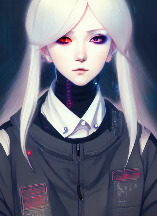 Image similar to portrait Anime girl cyberpunk, cute-fine-face, white-hair pretty face, realistic shaded Perfect face, fine details. Anime, cyberpunk. realistic shaded lighting by Ilya Kuvshinov and Gustav Klimt