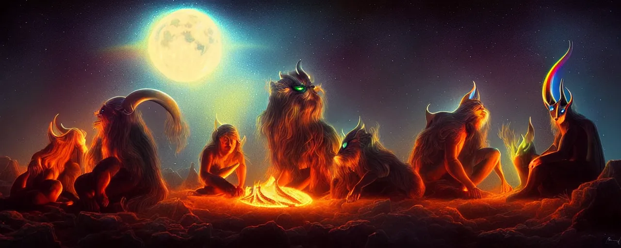 Image similar to uncanny!!! bifrost!!! mythical beasts of sitting around a fire under a full moon at bifrost, surreal dark uncanny painting by ronny khalil