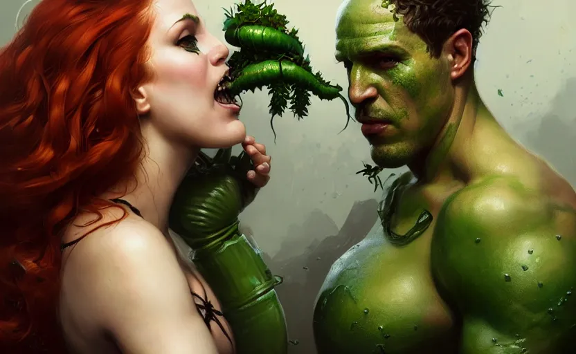 Prompt: poison ivy and Bane battle pose, illustration, realistic eyes, artstation, cinematic lighting, hyperdetailed, detailed realistic symmetrical eyes, cgsociety, 8k, high resolution, Charlie Bowater, Tom Bagshaw, Norman Rockwell, insanely detailed and intricate, prison background