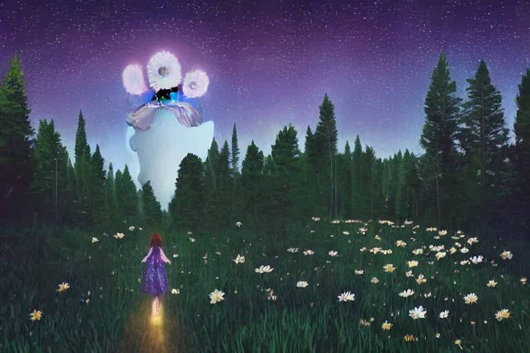 Image similar to giant daisy flower as a head, girl walking forest, big trees, hills, surreal photography, dark night, star trails, moon light, impressionist painting, clouds, digital painting, artstation, simon stalenhag