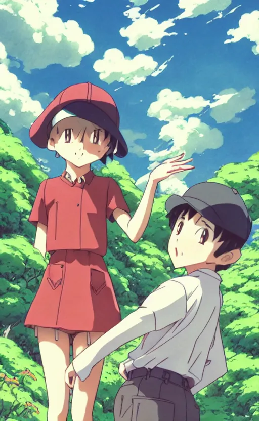 Prompt: a pocket monster go card from 1 9 5 0, illustration, clear sky background, lush landscape, concept art, anime key visual, trending pixiv fanbox, by wlop and greg rutkowski and makoto shinkai and studio ghibli and kyoto animation, realistic anatomy, symmetrical facial features, short hair, hair down, adult beetle trainer, box art