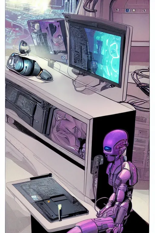 Prompt: a comic illustration of an android merging with a computer console, the console is tall and imposing, there are many cables on the floor, futuristic, ghost in the shell, cyberpunk, neon colors, art by Moebius and jean giraud and greg rutkowski