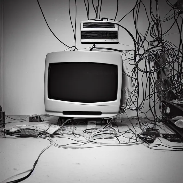 Image similar to an old TV in the middle of a clean laboratory room, Television on, static in TV, TV with a strange object inside, centered focus, wires and rebar hanging from the TV, bleak lighting, obscure, low quality video, high detail photography, vhs footage