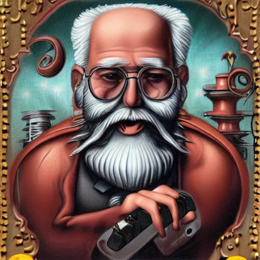 Image similar to old man white beard, synthesizer, notaes and clefs around him, lowbrow surrealistic, in the style of Mark Ryden,