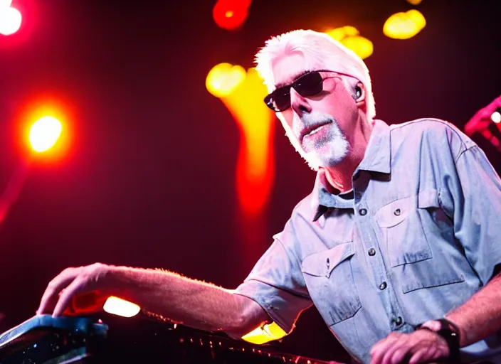 Image similar to photo still of michael mcdonald on stage at vans warped tour!!!!!!!! at age 4 8 years old 4 8 years of age!!!!!!! playing a keyboard thats on fire, 8 k, 8 5 mm f 1. 8, studio lighting, rim light, right side key light