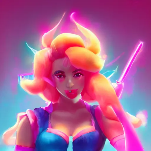 Image similar to Princess peach mixed with jinx from league of legends with neon lighting, trending on artstation, by WLOP and Joe Benitez