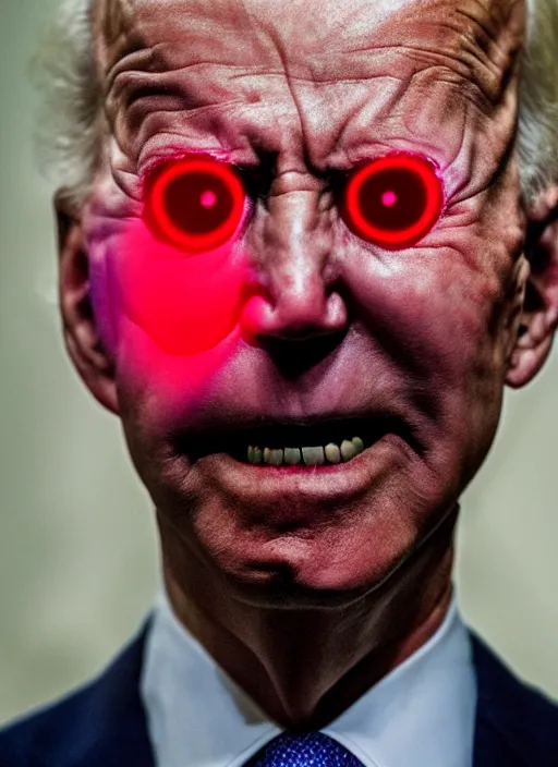 Image similar to hyper realistic ultra realistic horror terror dimensional photo furious glowing red eyes biden, high quality photo, detailed , 8k