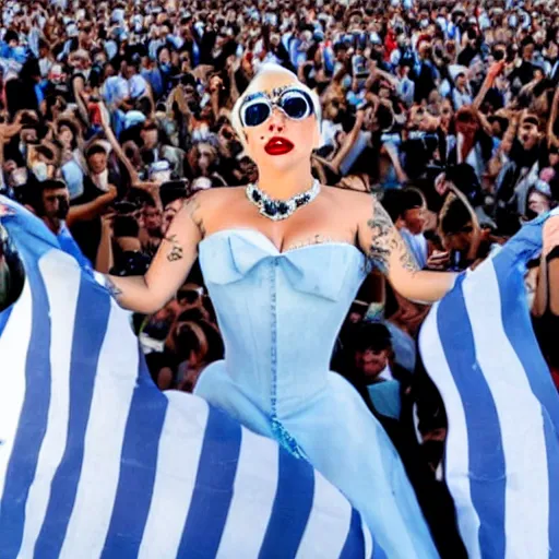 Image similar to Lady Gaga as Evita, Argentina presidential rally, Argentine flags behind, bokeh, epic photo, detailed, Argentina