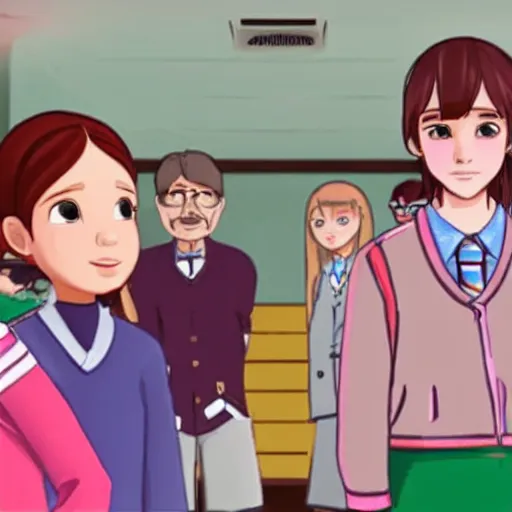 Image similar to a still of from the movie the royal tenenbaums crossover with the game doki doki literature club