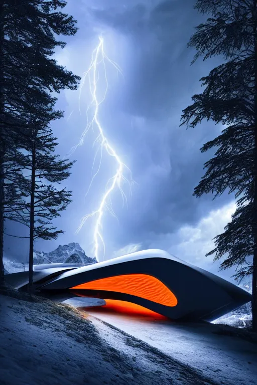 Prompt: a futuristic scene in front of a zaha hadid building in the forrest of the french alps in the style of chris moore, stormy weather with lightning, cinematic matte painting, extreme detail 8 k photo quality, orange lasers, snowfall, featured on behance