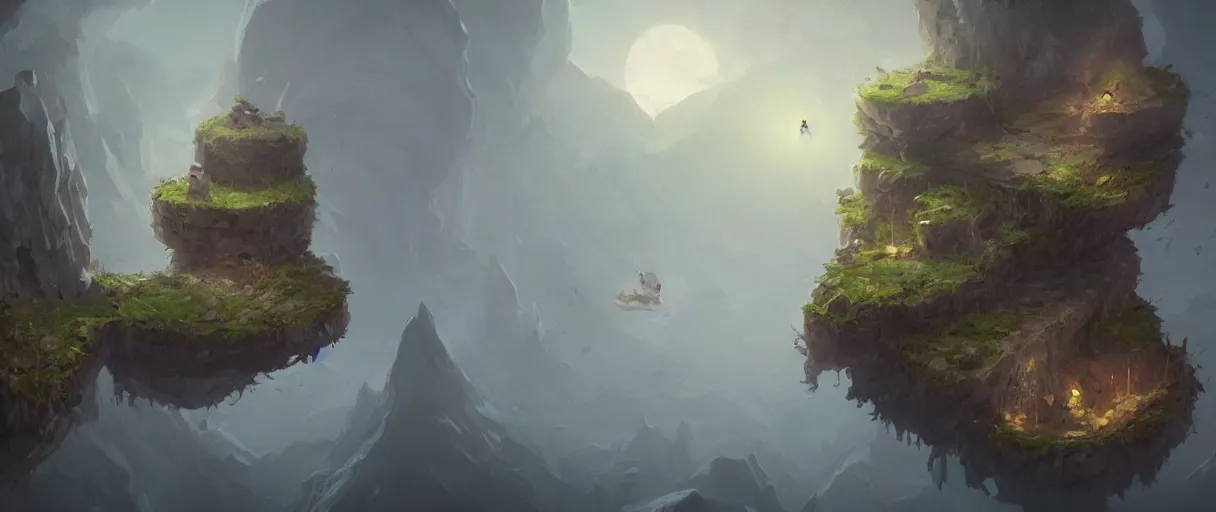 Image similar to floating islands in void concept art, low angle, cinematic, style of Jordan grimmer