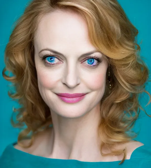 Image similar to beautiful portrait photo of Heather Graham, slight smile, 85mm, teal studio backdrop