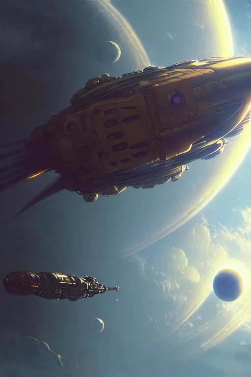 Image similar to steampunk spaceship infront of a planet, exquisite details, denoised, mid view, by karl kopinski, artsation, greg rutkowski, makoto shinkai, takashi takeuchi, studio ghibli