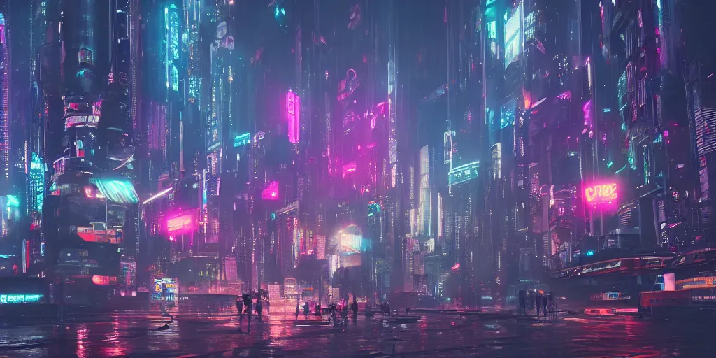 Image similar to i, a detailed cyberpunk city, mist, rain, neon light, giant aircrafts, 8k, high definition, trending on artstation