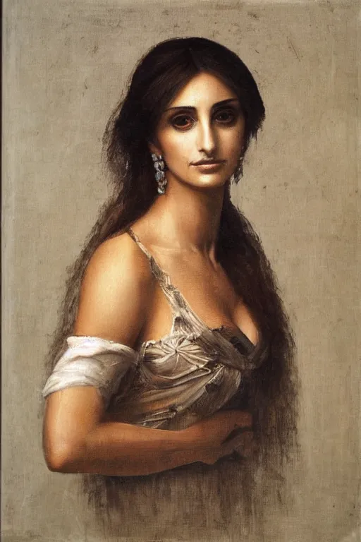 Image similar to oil painting, portrait of penelope cruz, artwork by leonardo da vinci