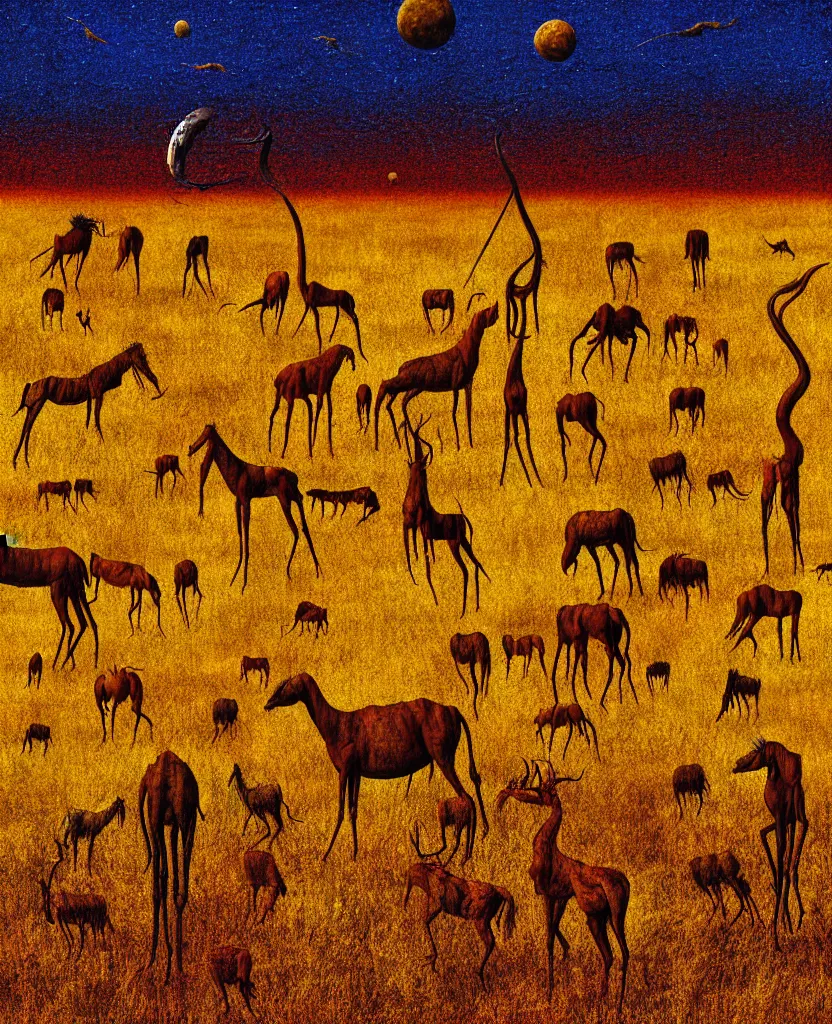 Prompt: gigantic long - legged creatures of the great wild plains, hd photograph painting surreal trippy numerous beasts on an open plain, sharp focus, grainy 3 5 mm texture, golden hour lighting