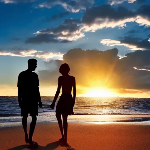 Image similar to Slim silhoutte of a couple on the beach, sunrise, ray tracing, uplifting mood, happiness, majestic, 16k