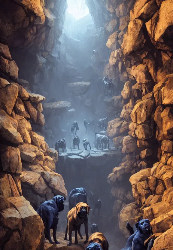 Prompt: a small party of adventurers attacked by evil dark black mastiffs made of shadows while exploring a claustrophobic dark blue canyon of stone, oil painting, greg rutkowski, unreal engine, octane render, cinematic lighting, highly detailed