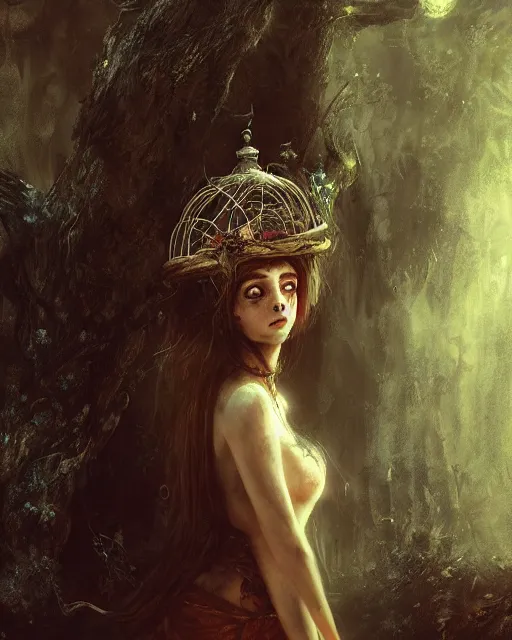 Image similar to Girl with a birdcage on her head, horror, forest. Unreal engine, fantasy art by Adolf von Menzel. Accurate expression, perfect anatomy GL, glowing light