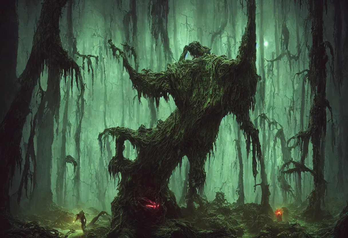 Prompt: demonic creature full of ooze and slime in the dark alien swampy forest, colorfully ominous galaxy in background, minimalism, hyper realism, matte painting, realistic, dramatic lighting, octane render, highly detailed, cinematic lighting, cinematic, volumetric, by rutkowsky and gerald brom and frazetta and rembrandt