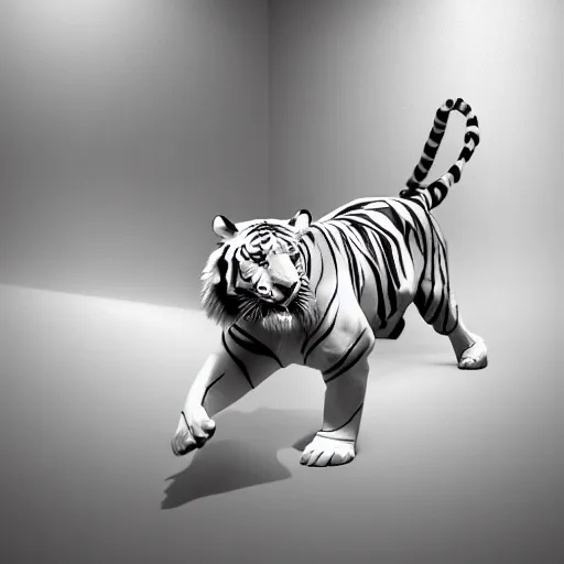 Prompt: a low - poly render of an all white tiger with no stripes in a dynamic action pose dwelling in the spirit realm, low poly 3 d, octane render, dramatic dreamlike lighting, all white render, no textures, angular energetic background elements, angular dynamic white rock floor, artgerm, unreal engine, artgerm, artstation, ross tran