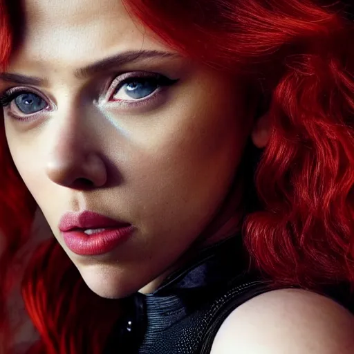 Image similar to close - up photo still of scarlett johansson black widow looking off into the distance, long red hair, black dress, golden hour, photorealistic, ultra detailed, intricate, natural light falling on her face. the focus is on her eyes and brows, fujifilm x - pro 2, by annie leibowitz