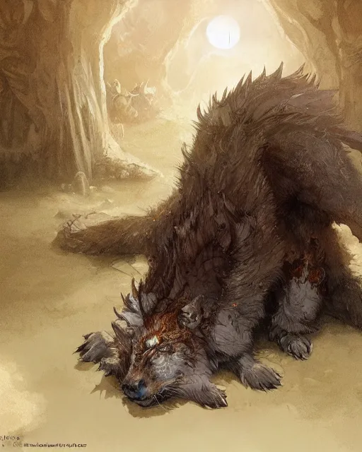 Image similar to medieum shot of a warg!!! dire wolf sleeping on a mat in a corner of a adobe house, torchlit, concept art by marc simonetti and christophe vacher, trending on artstation