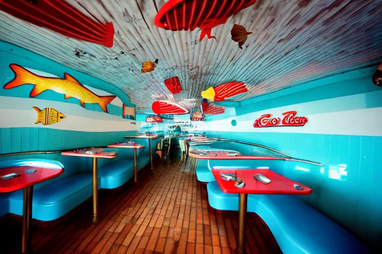 Image similar to 2 0 1 5 fish themed underwater american diner, googie architecture, two point perspective, americana, fishcore, restaurant interior photography, 8 5 mm, taken by alex webb