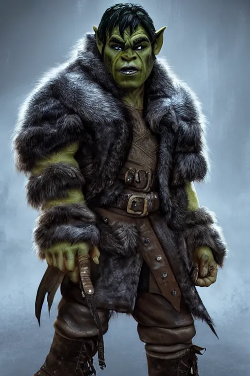 Prompt: A full body shot of a handsome half-orc looking into the camera wearing a leather fur jacket and boots, full body shot, detailed face, portrait, artstation, realistic, highly detailed, symmetrical, D&D, Dungeons & Dragons, hyper realistic, dynamic pose, high detail, octane render, unreal engine, 8k, fantasy art, highly detailed, dramatic lighting, concept art