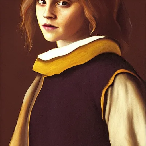 Image similar to Painting of Emma Watson as Hermione Granger. Art by Vermeer. During golden hour. Extremely detailed. Beautiful. 4K. Award winning.