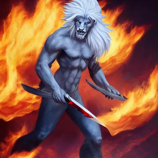 Image similar to Lionman with white hair walking away from a burning city, full body art, wielding a longsword with blue gemstones lining the blade, Painted By Anne Stokes, Dim Lighting