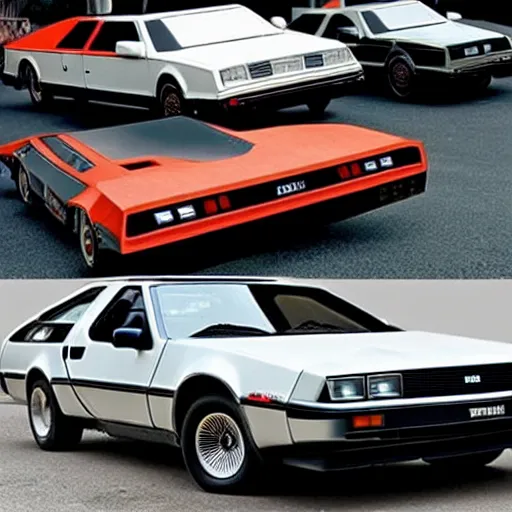 Image similar to a car race between KITT, ecto-1, A-Team van, and doc brown's Delorean