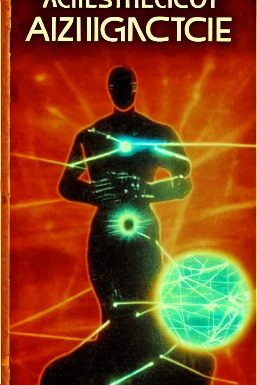 Image similar to vintage science fiction book cover, depicting artificial intelligence, azure color bleed, warm red tones, film grain, lensflare