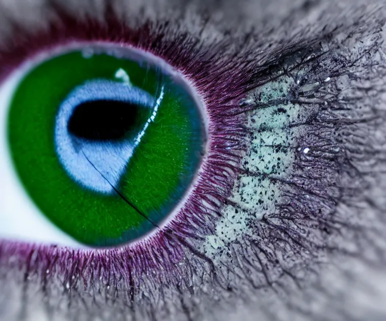 Prompt: close up of a green eye iris, perfect composition, symmetrical, blue electrical sparks, macro lens, 7 0 mm, highly detailed, photorealistic