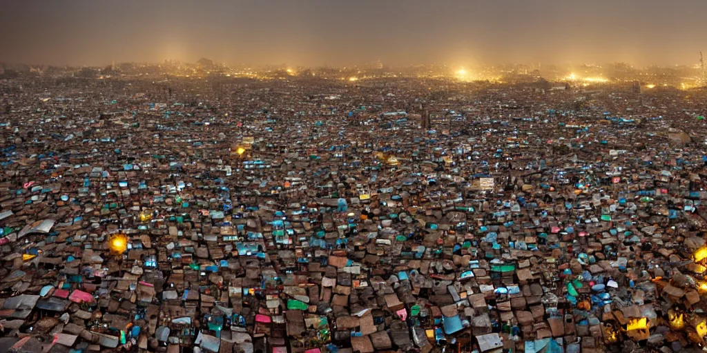 Image similar to AJEGUNLE SLUMS of Lagos surrounding large UFO within NEON rays of light, photographed by Martha Cooper, wide angle, Gold hour light,