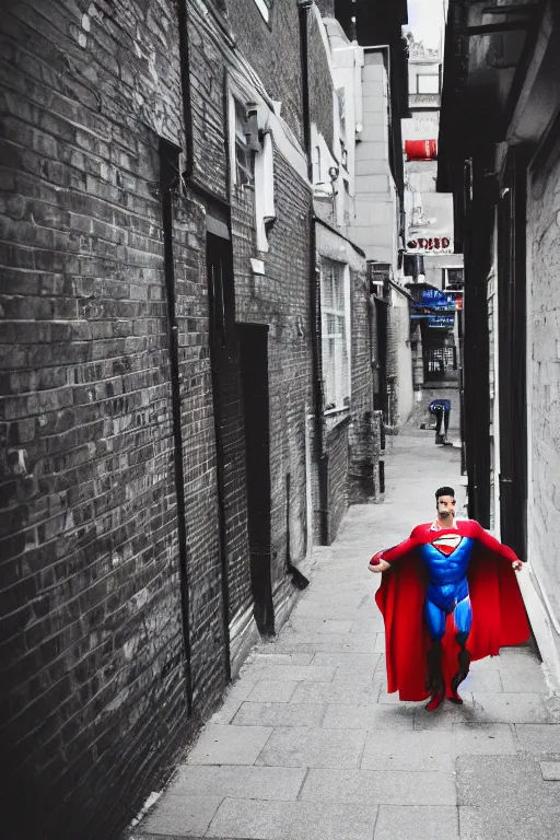 Image similar to 35mm photo of a drunk superman in a London alley