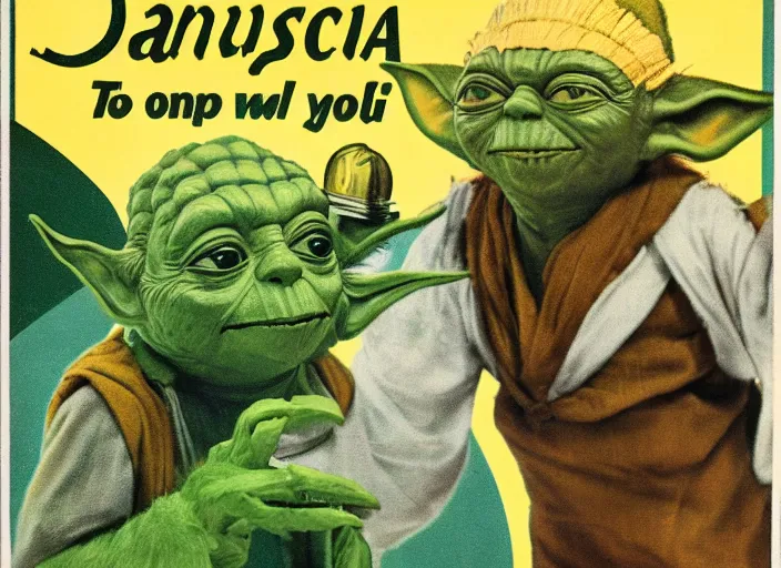 Prompt: vintage travel advertisement for jamaica, of yoda made out of cannabis